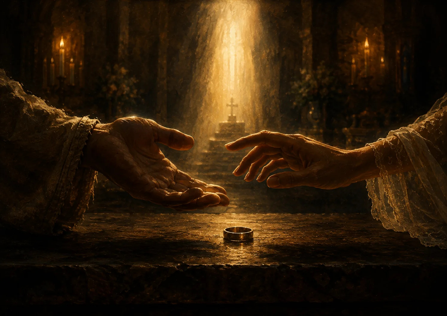 Two hands reaching toward each other across a stone altar with a wedding ring resting between them, and a cross lit at the top of the steps beyond