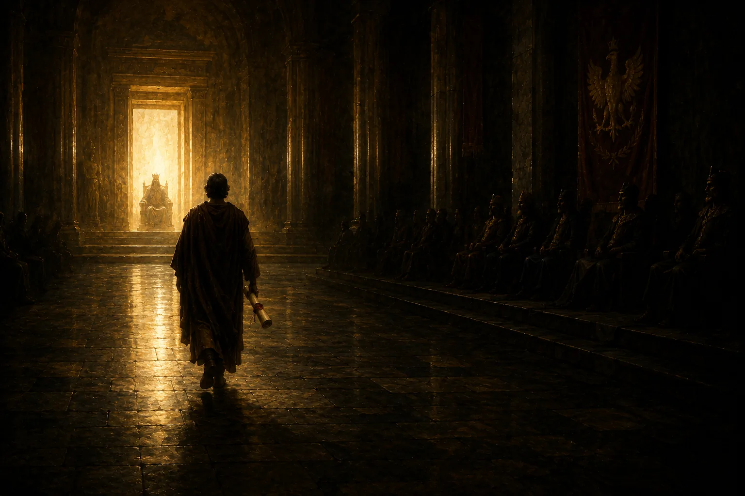A messenger in a traveling cloak carrying a sealed scroll down a great hall toward a distant lit throne, ranks of seated courtiers on either side