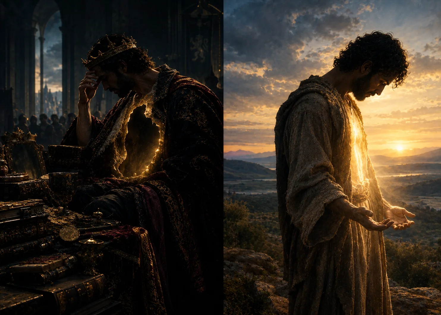 Two figures side by side: a crowned king in a dark treasury, head in hand, a hollow glowing through his chest; and a man in a plain robe on a hillside at dawn, hands open, light in his chest