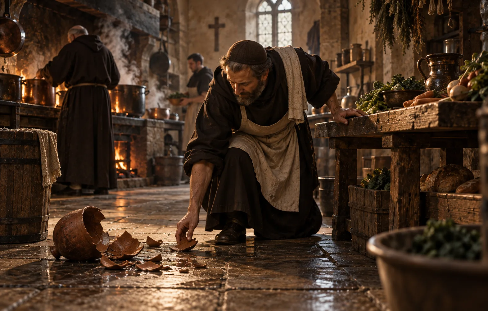 A lay brother kneeling on the wet flagstones of a monastery kitchen, reaching for the shards of a broken earthenware jar; behind, two other brothers go on working at the fire and the pots, and a cross hangs on the far wall
