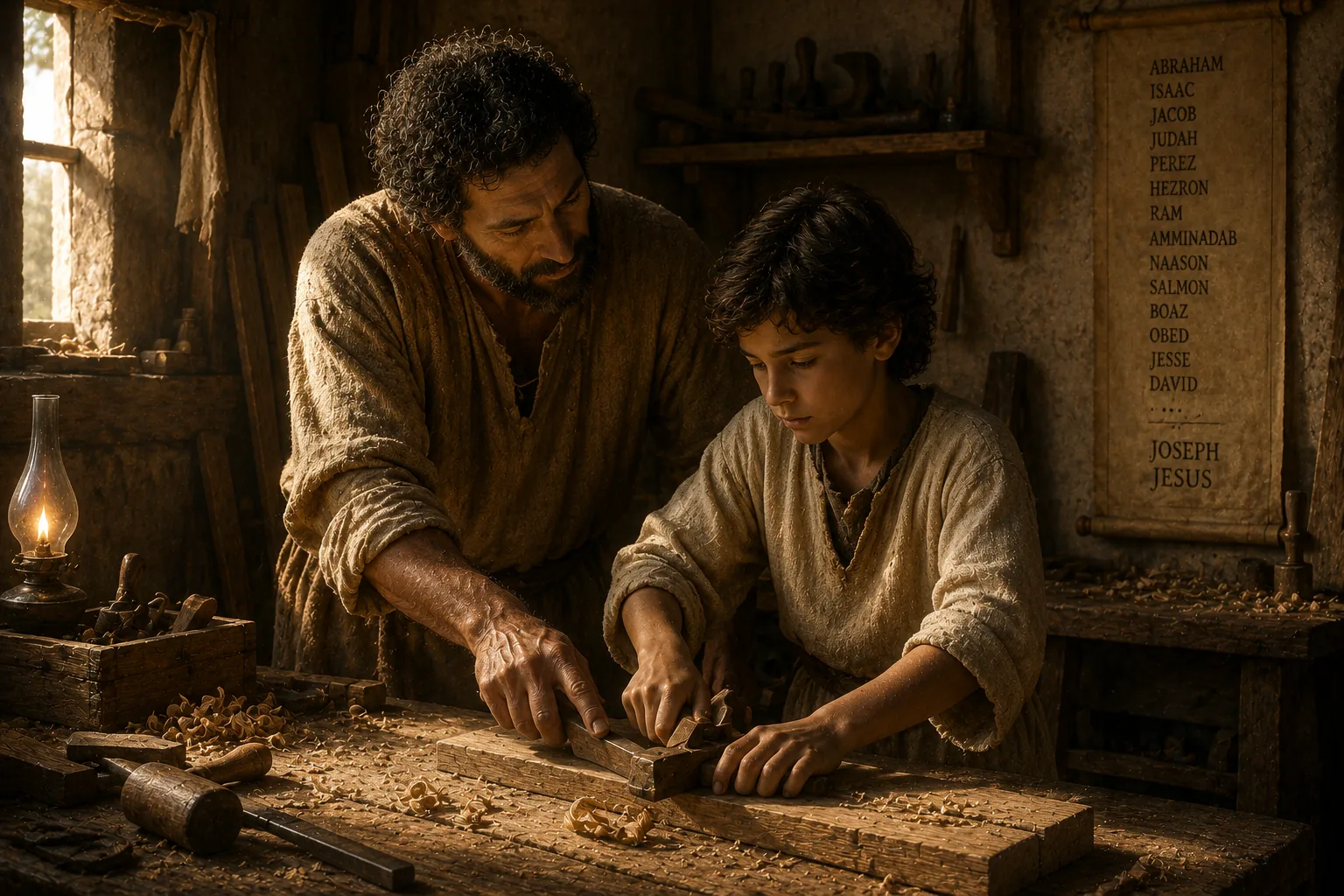 In a lamplit carpenter's workshop a bearded man guides a boy's hands over a chisel at the workbench, wood shavings around them; on the wall behind hangs a list of names running from Abraham down to Joseph and Jesus.