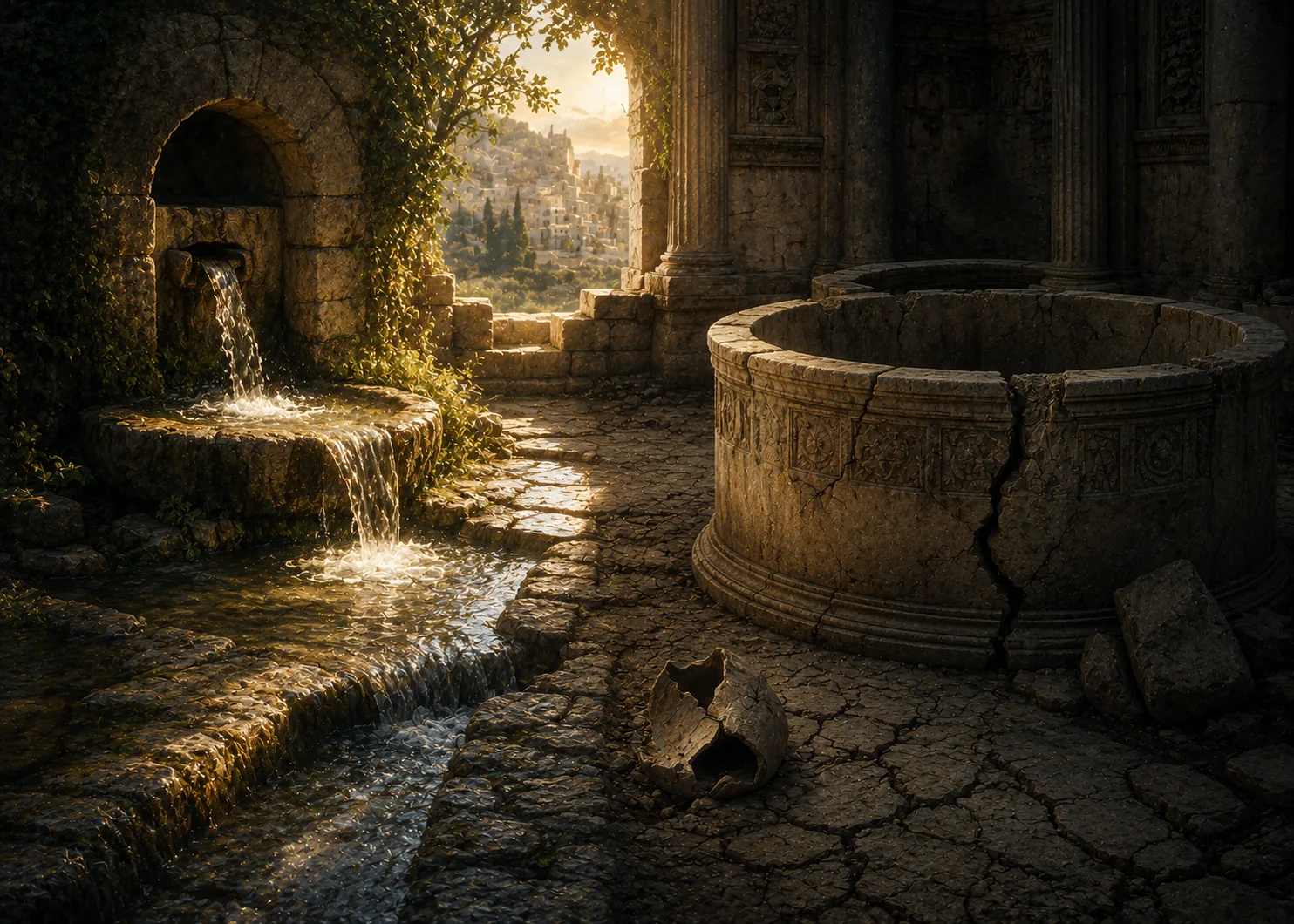 A stone courtyard: on one side a spring pours from the wall into a running channel; on the other a cracked, empty cistern with a broken jar beside it.