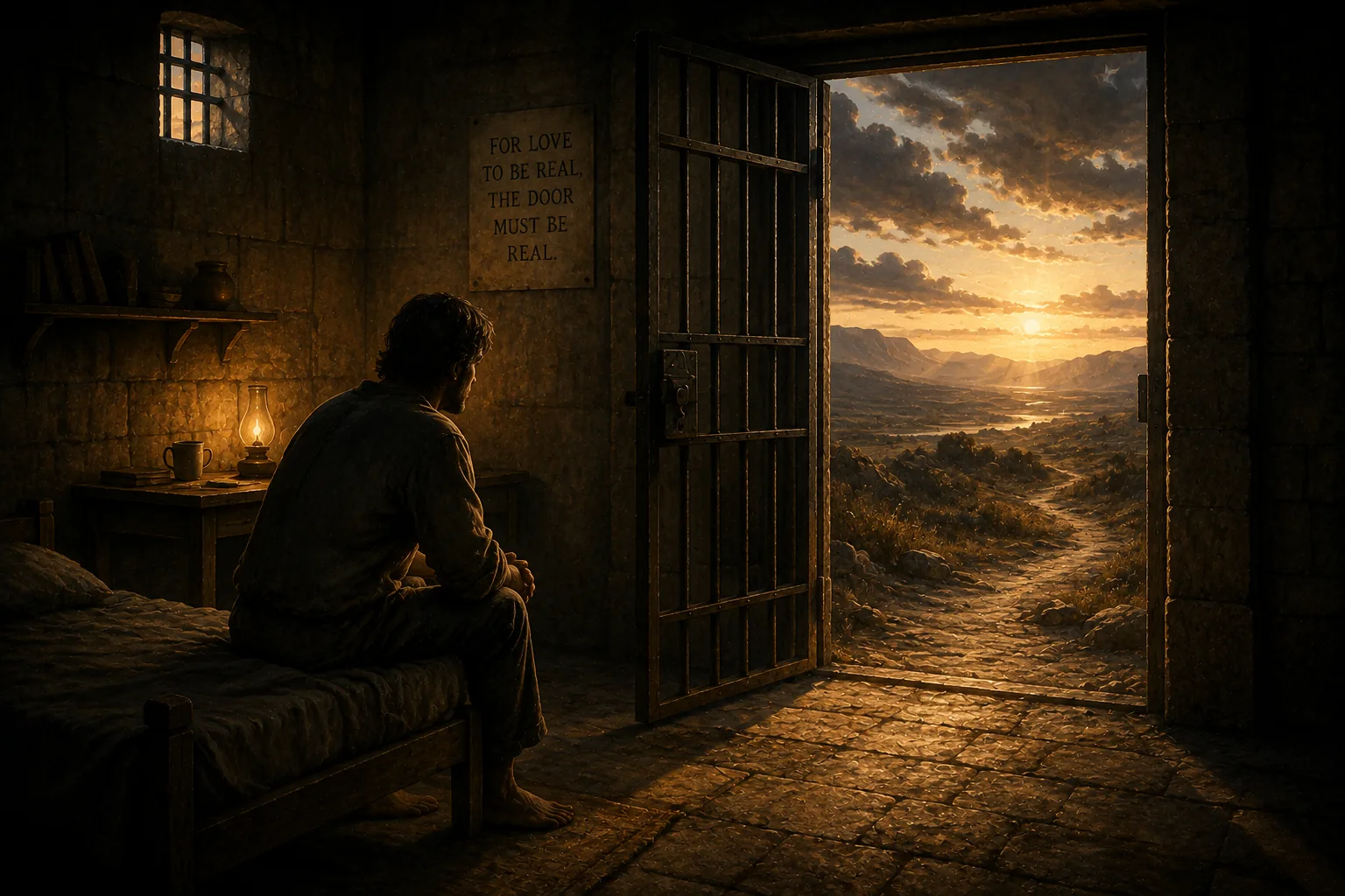 A man sitting on a cot in a stone cell whose barred door stands wide open on a sunlit valley; a sign on the wall reads FOR LOVE TO BE REAL THE DOOR MUST BE REAL