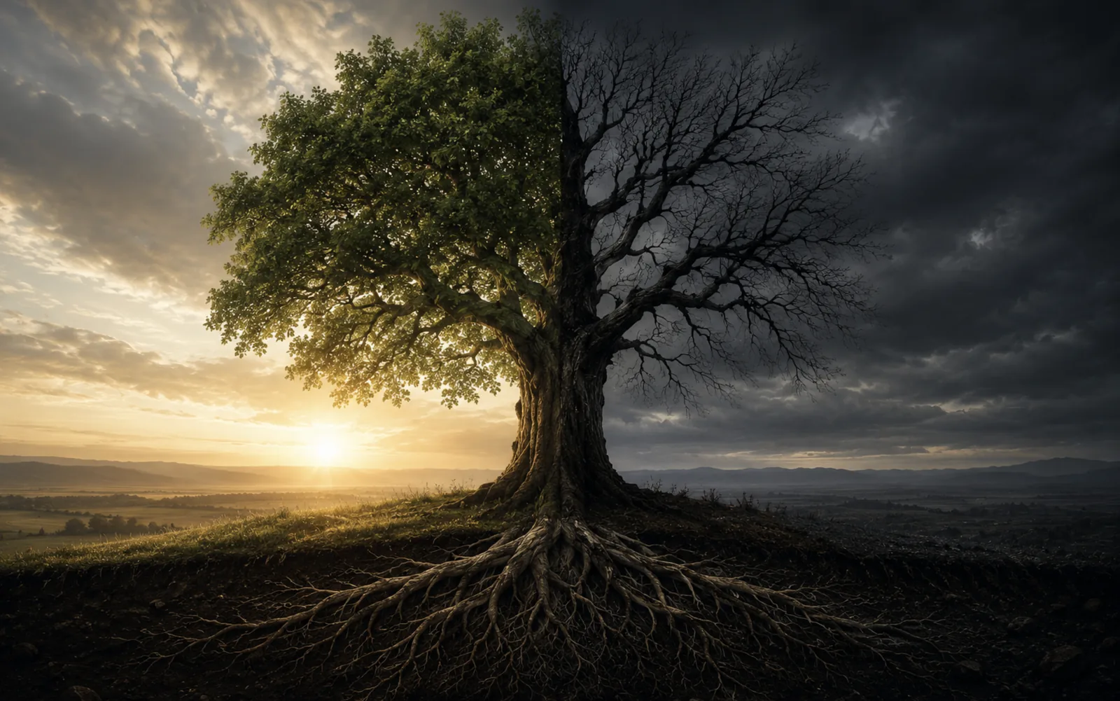 A single tree split down the middle — green and sunlit on one side, bare and storm-dark on the other — standing on one root system that holds both