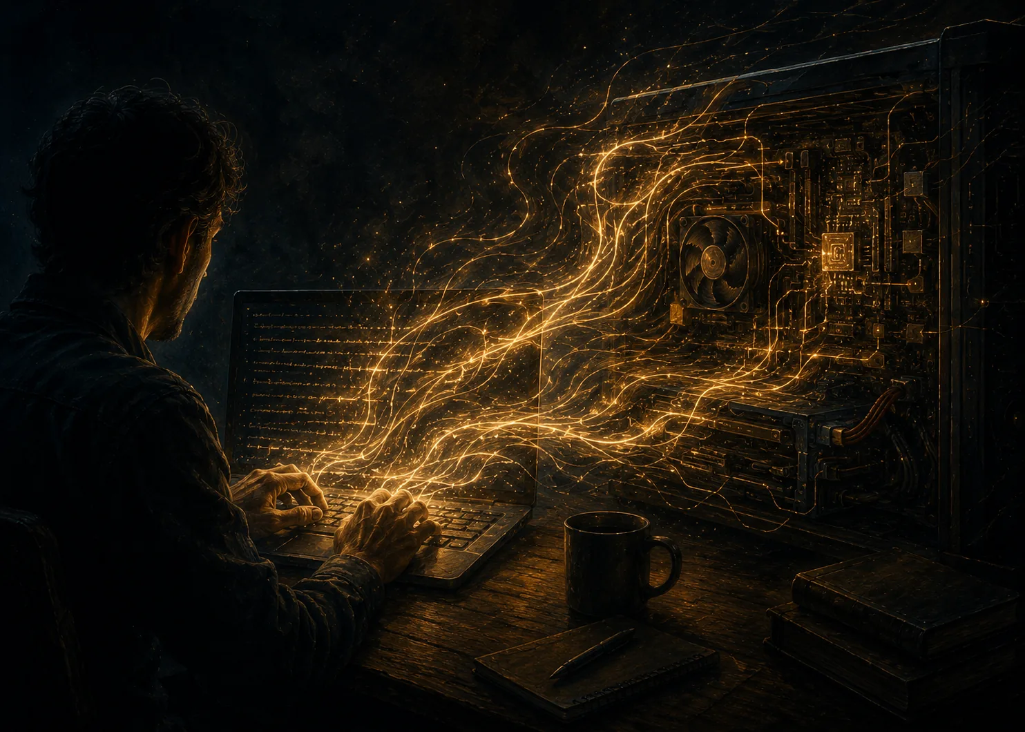 A person sits in the dark at a keyboard while golden filaments of light stream out of the machine in front of them.