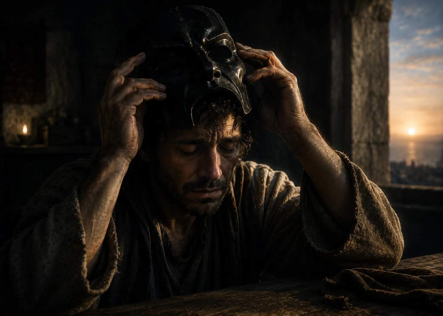 A man in a rough robe sits at a wooden table at dawn, eyes closed, lifting a cracked black mask off his own face with both hands; a candle burns in the room behind him and the sun rises over water through the window.