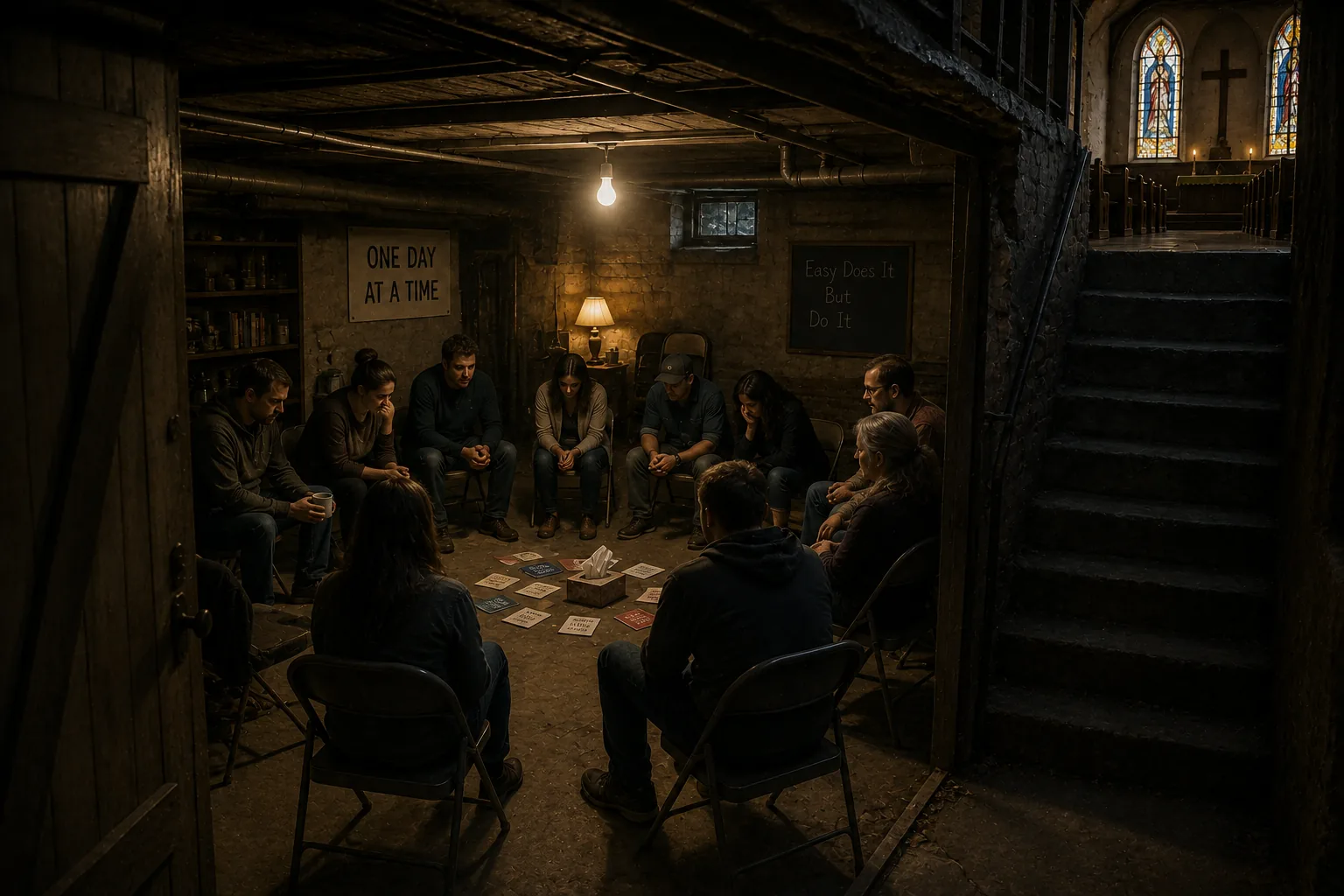 A recovery meeting in a church basement: a circle of folding chairs under a bare bulb, a ONE DAY AT A TIME sign on the wall, and a stairway climbing to a lit sanctuary with a cross