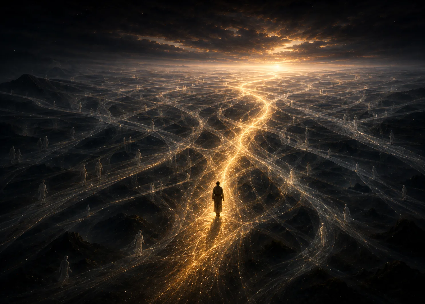 A dark landscape crossed by countless faint paths with translucent figures walking each of them, and one solid figure standing on the single lit path that runs to the sunrise